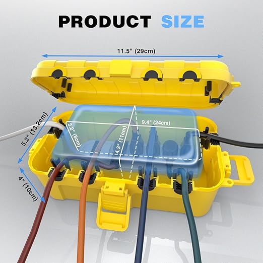 Flemoon Medium Outdoor Electrical Box (11.5x5.2x4 inch), IP54 Waterproof Extension Cord Cover w/6 Cable Entry Ports, Weatherproof Connection Box for Power Strip, Timer, Plug, Holiday Lights, Yellow