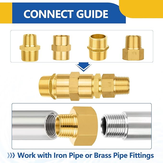 50 PACK GUOFIS Brass Pipe Fittings - 3/8" Male NPT x 1/2" Female NPT Reducing Adapter to Alter Pipe Diameters(NPT039-50Pack)