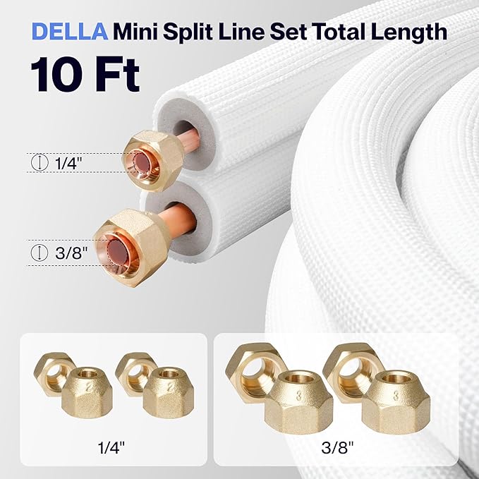 DELLA 10 Ft Mini Split Line Set, Includes 3/8" & 1/4" O.D. Copper Pipes with Flared Nuts and a 3/8" Thick White PE Insulated Coil, Perfect for Mini Split AC and Other HVAC Systems