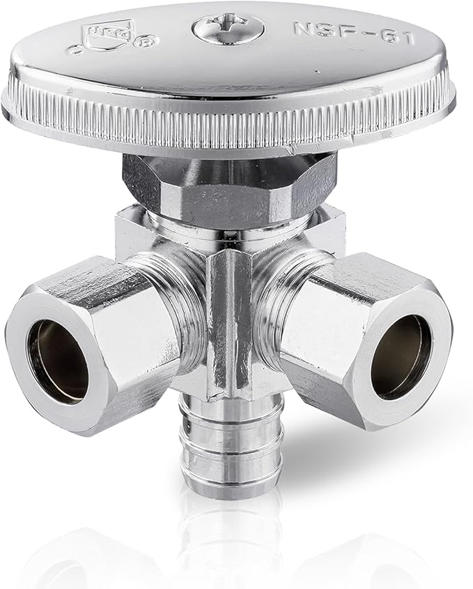 EFIELD Dual Outlet Angle Stop Valve,1/2" Crimp Barb Pex Inlet x (3/8 inch x 3/8 inch) Compression Outlet,(VALVE063)
