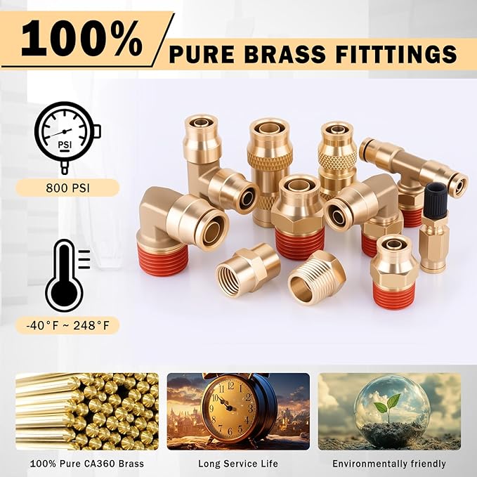 CheeMuii 136 PCS Brass DOT Air Line Fittings Kit Push Lock DOT Air Fittings Push to Connect Fittings 1/8" 1/4" 3/8" 1/2" Quick Connect Air Hose Fittings Assortment for Air Line Air Hose