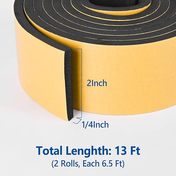 Self Adhesive Foam Tape Weatherstrip 2in x 1/4in x 13Ft High Density Foam Insulation Strips Foam Seal Weather Stripping with Strong Adhesive for Door and Window Sound Isolation Soundproofing