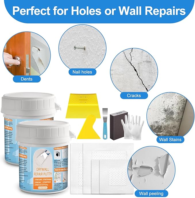 Dry Wall Patch Kits, Aluminum Spackle Wall Repair Patch Kit Fiber Mesh Plate with Scraper, 8.8oz X 2 White Repair Putty Drywall Hole Filler to Fix Wall Surface Holes, Quick Repair Creak Damage
