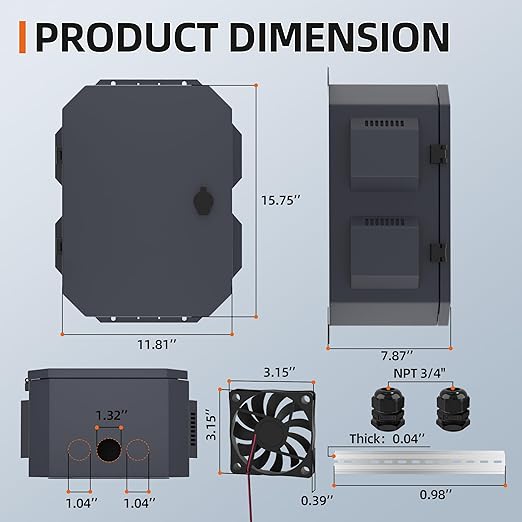 Joinfworld Outdoor Electrical Box, Metal Outdoor Enclosure Box Waterproof IP65 Junction Vented Enclosure Weatherproof with Cold-Rolled Steel Plate Fan Din Rail Cable Gland 15.7"x11.8"x7.9"