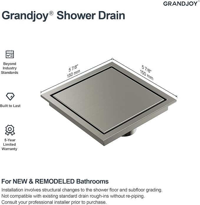 6 Inch Square Shower Floor Drain, Brushed Nickel SUS304 Stainless Steel Grid Grate with X-Shaped High Flow Channel, Anti-Clogging Hair Strainer, Standard 2" Outlet