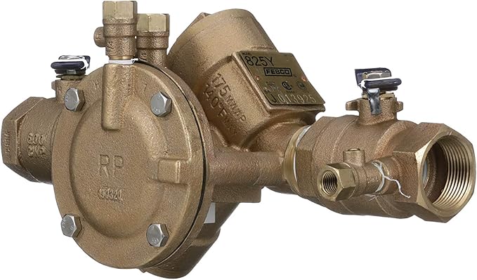Febco 825Y Series 1-1/4" Bronze Reduced Pressure Zone Backflow Preventer Assembly, Quarter Turn Shutoff, NPT End Connections, Y Pattern, Spring-Loaded Check Valves, Water Line and Irrigation System