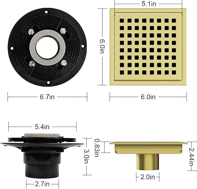 6 Inch Square Shower Floor Drain, Shower Drain Kit with Flange, Square Shower Drain, SUS 304 Stainless Steel Floor Drain,Golden