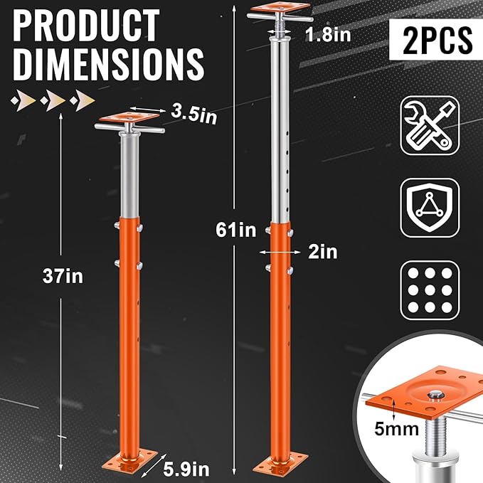 2 Pcs Adjustable Jack Post, 37"-61" Height Range, Basement Floor House Screw Jacks for Lifting Joist Beam Brace for Cellar Ceiling, Center Point Load Capacity 11023 Lbs, Orange