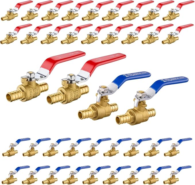 40-Pack Foskan 1/2" PEX Crimp Ball Valve, Brass Quarter Turn Full Port Shut-off Valve for PEX Tubing(Blue and Red)