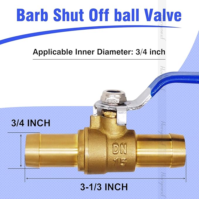 Brass 3/4 inch Barb Ball valve, water pipe air pex hose fuel line oil tubing hydro flow natural gas insulation,shut off with Clamps （ 2 pcs)