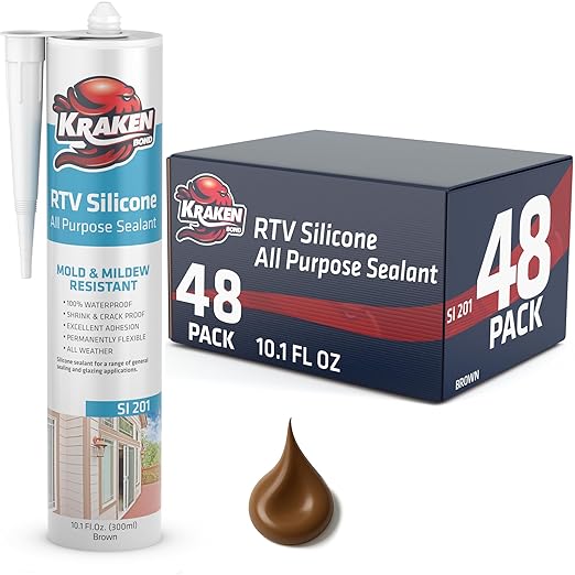 Kraken Bond Brown Silicone Sealant Waterproof% 100-10 fl oz Cartridge - RTV Silicone Caulk Kitchen and Bathroom, All Purpose, Window Caulking Sealant Outdoor, RV, Exterior Use Silicon - 48 Pack
