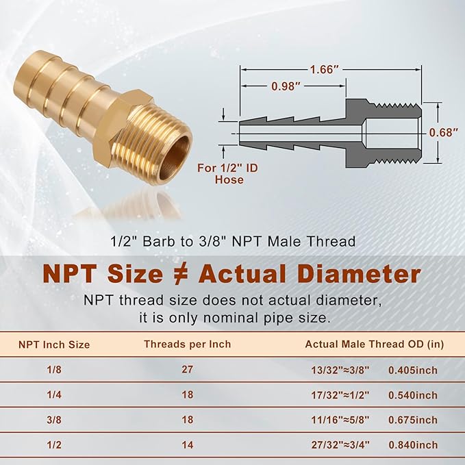 5pcs Brass Hose Barb Fittings 1/2 Inch Barb to 3/8 Inch NPT Male Thread Air Hose Fittings Adapter Connector Water Fuel Air Line Fittings 1/2” Barb × 3/8” NPT Brass Fittings