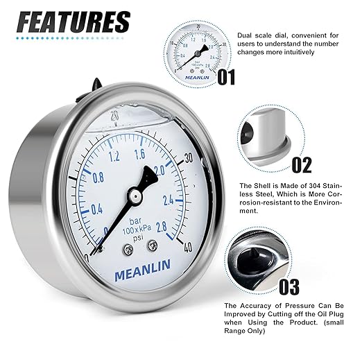 MEANLIN MEASURE 0~40Psi Stainless Steel 1/4" NPT 2.5" FACE DIAL Liquid Filled Pressure Gauge WOG Water Oil Air, Cencter Back Mount, with 1/2" NPT and 3/8" NPT Hex Bushing
