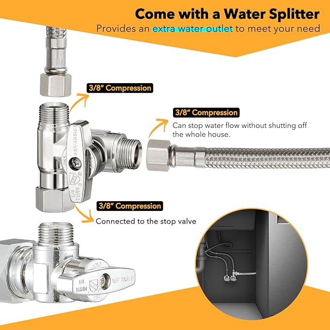 Dishwasher Hose Installation Kit - Includes Water Supply Line, 3/8" Compression Water Splitter, 3/4" FHT Elbow, and 3/8" MIP Elbow (4 FT)