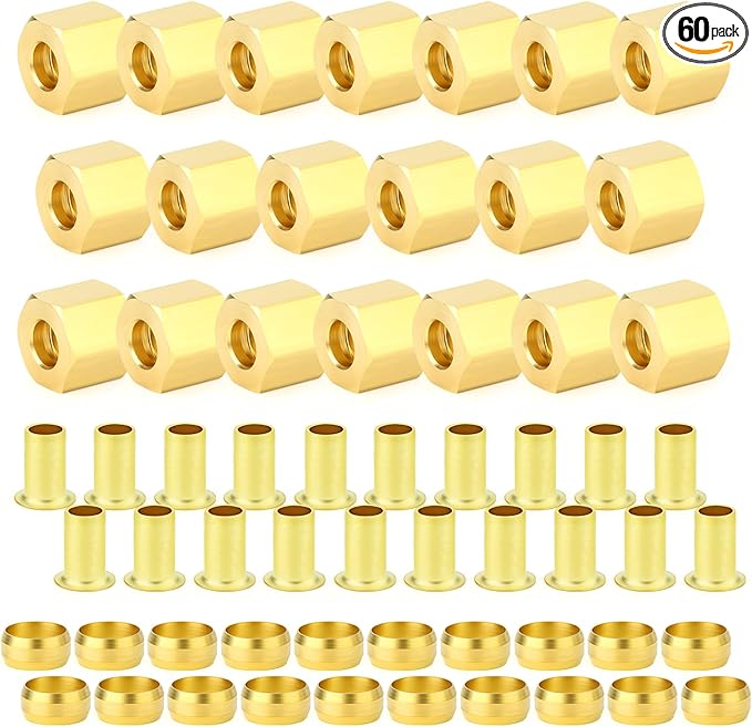 GASHER 60PCS Brass Compression Fitting Kit,Sleeve Ferrules&Insert Tube Support&Ferrule head,1/2" Tube OD