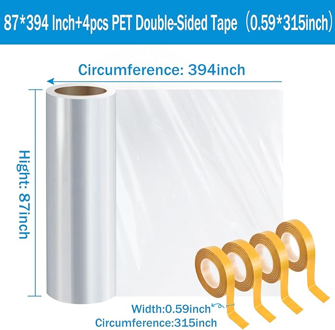 Window Insulation Kit, 87 × 394 Inch Plastic Window Covering for Winter, Window Insulation Film Window Wrap Insulation Windows Winterizing Kit with Double-Sided Tape for 3 Pcs 7 x 9 Ft Windows