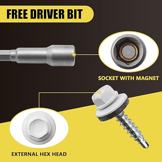 300pcs #10 x 1 White Hex Head Self-Drilling Metal Roofing Screws, EPDM Washer, Colored Head, Wood Screws, Sheet Metal Roof Screw with Hex Driver Bit
