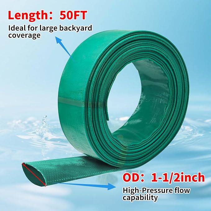 50FT Lay Flat Pool PVC Hose, 1.5" Discharged Sump Pump Hose Kit, 50FT Heavy Duty Drain Hose, Pool Backwash Hose 1.5 inch with 2PCS Metal Sump Pump Adapters(1.5" Barb and 1.25 Two-way Coupler)