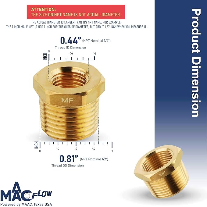 MAACFLOW brass 1/2" Male NPT to 1/4" Female NPT Adapter Reducer Hex Bushing (Thread OD 0.81" - ID 0.44") (pack of 2)