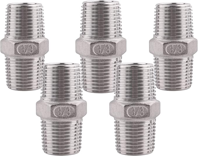 Hex Nipple 3/8 Inch Male NPT - DERPIPE Stainless Steel 304 Threaded Pipe Fitting for Brew Kit, Home Piping Application(Pack of 5)