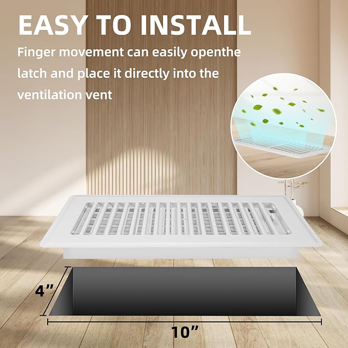 Floor Register 4x10, 4 Pack Floor Vent Covers for Home Floor Heavy Duty Steel Panel Walkable Floor Grates Adjustable Air Vent Covers 4" x 10" Floor Vent, White