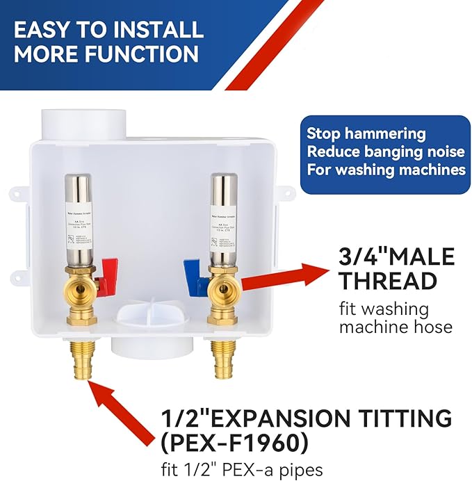 Washing Machine Outlet Box with Water Hammer Arrestor,1/2 Inch PEX A Expansion F1960 Inlet Connection,3/4 Inch MHT Outlet Male Thread Connection, Washing Box with 1/4-Turn Ball Valves