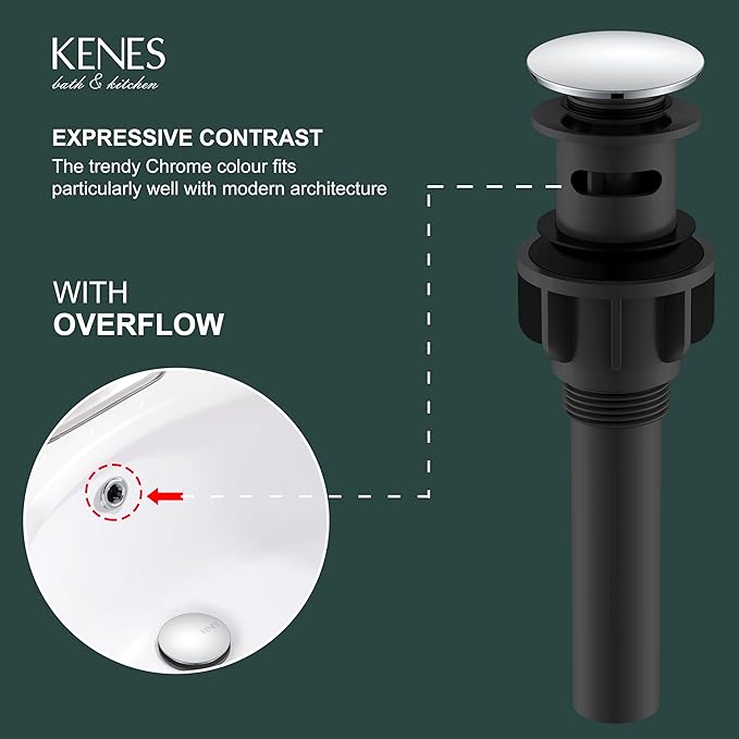 KENES Chrome Bathroom Pop Up Sink Drain with Overflow, Lavatory Bathroom Vanity Sink Drain Stopper, Sink Drain Assembly with Overflow Anti Clog Pop Up Drain