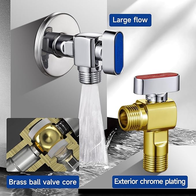 SUBMARINE 4-Pack 1/4 Turn Brass Angle Stop Valve Body & Core Control Hot and Cold Water without Leakage, 1/2'' Inlet and 1/2'' Outlet Caliber with 3/8'' Adapter for Kitchen and Bathroom-2 Red+2 Blue