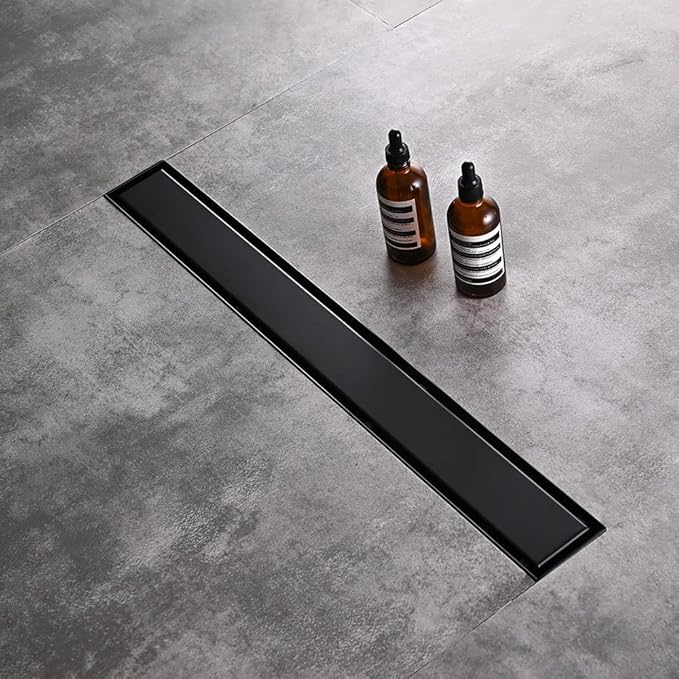 Linear Shower Floor Drain, Black 12 Inch 304 Stainless Steel Bathroom Drains Kit, Rectangular Shower Trench Drain with Reversable Tile-in Pattern Drain Cover & Hair Catcher