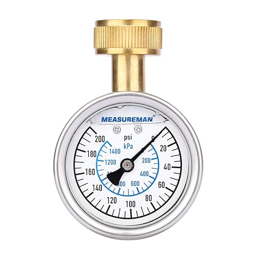 MEASUREMAN 2-1/2" Glycerin Filled Stainless Steel Water Pressure Test Gauge, 3/4" Female Hose Thread, 0-200 psi/kpa