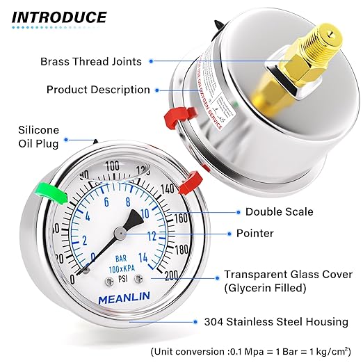 MEANLIN MEASURE 0~200Psi Liquid Filled Pressure Gauge Stainless Steel 1/4" NPT 2" FACE DIAL for Air Compressor Air Regulator Water Filter Center Back Mount, with Hex Bushing and 2PCS Snaps