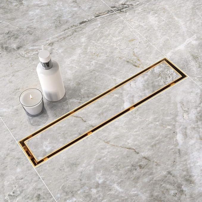 Neodrain 12-Inch Gold Linear Shower Drain, 2-in-1 Flat & Tile Insert Cover, Stainless Steel Linear Drain, Brushed Brass Rectangle Shower Floor Drain with Hair Strainer, Watermark&CUPC Certified