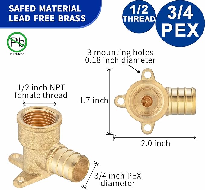 (10 Pack) Lidertik Drop Ear Elbow Pex Adapter, 3/4" PEX F1807 to 1/2" NPT Female Threaded Adapter Brass LI-APXDEE3412 (10 Pieces)