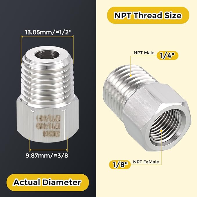 METALLIXITY 5PCS 1/4" Male NPT x 1/8" FeMale NPT Thread 304 Stainless Steel Hex Bushing Extension Tube Adapters Convert for Water Tub Spout/Shower