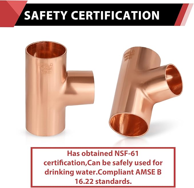 EFIELD 1-1/4" X 1-1/4" X 1" C X C X C Copper Reducing Tee, LF Copper Plumbing Fittings with Sweat Solder Connection,(COPPER110)