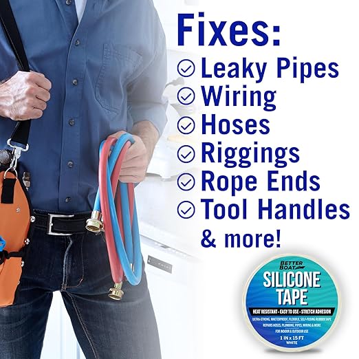 Better Boat White Heavy Duty Silicone Tape, Self-Fusing Rubber Hose and Plumbing Water Pipe Repair Seal, Coax Electrical or Waterproof Tape for Leaks, 15ft