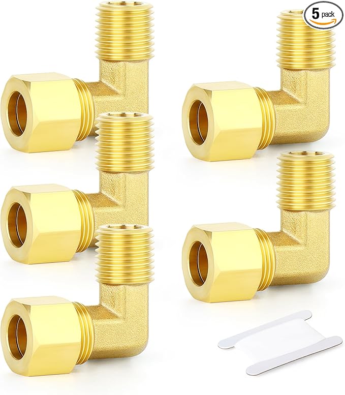 GASHER 5PCS Brass 90 Degree Elbow Compression Tube Pipe Fitting Connector, 1/2" Tube OD x 3/8" NPT Male Connector