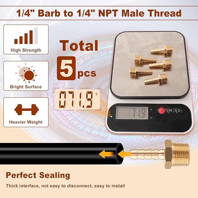 5pcs Brass Hose Barb Fittings 1/4 Inch Barb to 1/4 Inch NPT Male Thread Air Hose Fittings Adapter Connector Water Fuel Air Line Fittings 1/4” Barb × 1/4” NPT Brass Fittings