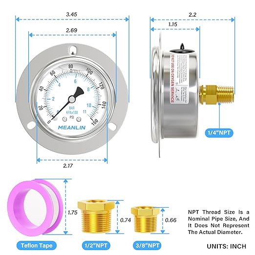 MEANLIN MEASURE 0~160Psi Liquid Filled Pressure Gauge Front Flange Panel Mount, 1/4" NPT 2.5" FACE DIAL Stainless Steel Case with Phillips Screw, Nut and Brass Hex Bushing, +/-3-2-3%