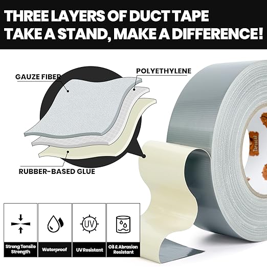 TAPEBEAR Silver Duct Tape Heavy Duty Waterproof 1.88" x 35 Yards, 16.5mil Thick Strong Tape, UV Resistant, All-Weather, No Residue, Super Strength for Industrial Use Indoor Outdoor Repairs