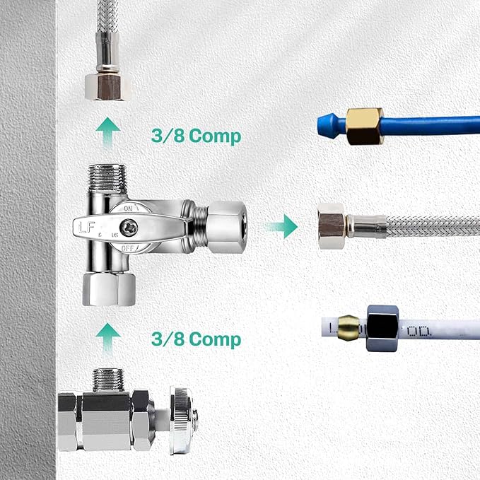 Lead-Free Brass 1Pcs Chrome-Plated Add-A-Tee 3-Way,3/8 Inch x 3/8 Inch x 3/8 Inch Angle Stop Valve For Reverse Osmosis Water Filters,Ice Maker,Refrigerator