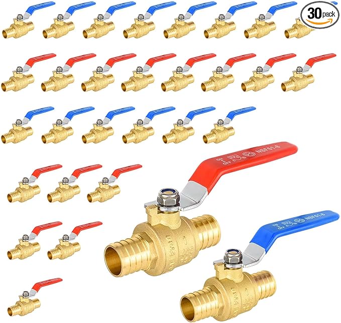 30 Pack Ball Valves, 1" Pex Crimp Shut Off Valve, Brass Full Port Pex B Shut Off Ball Valve for Hot and Cold Water, NSF/ANSI 61 Certified