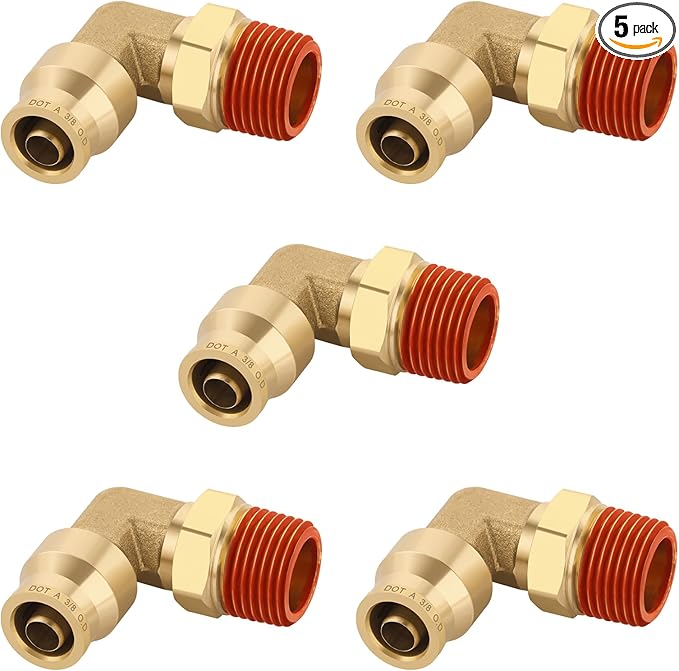 3/8" Quick Push to Connect Fittings Brass 90 Degree Union Swivel Elbow Joint DOT Approved 3/8" Tube OD x 3/8" NPT Thread Air Brake Line Adapter Air Suspension Kit for Car Truck Trailers 5pcs