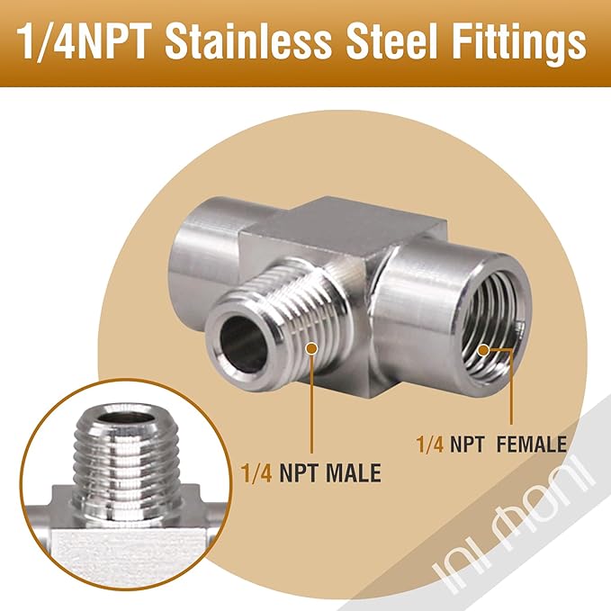 tee pipe fitting NPT 1/4 female x male x female thread 3 way t adapter stainless steel 304 pipe tee connectors for fuel system and air supply line, heavy duty 4350 psi