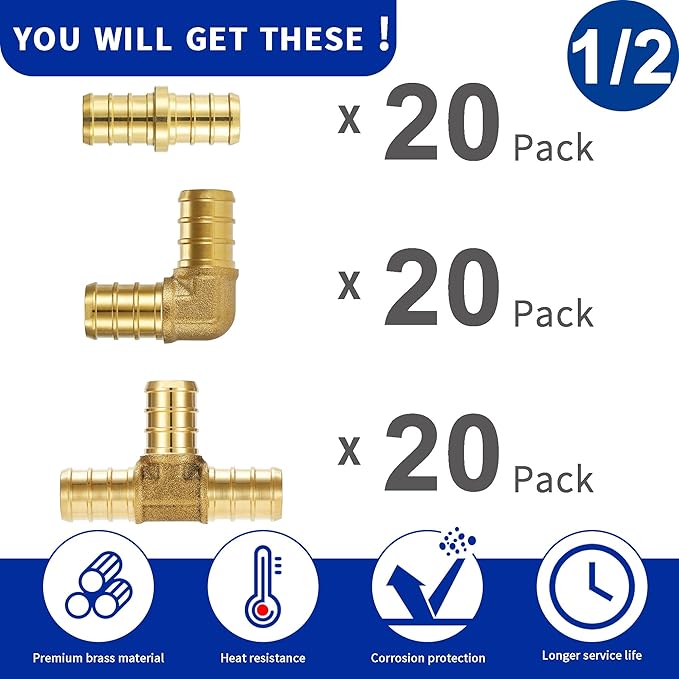 (60 Pack) Lidertik Pex Fittings 1/2 Inch Assortment Lot Kit Brass Crimp Connector Brass AP1/2-Coupling20-Tee20- Elbow20