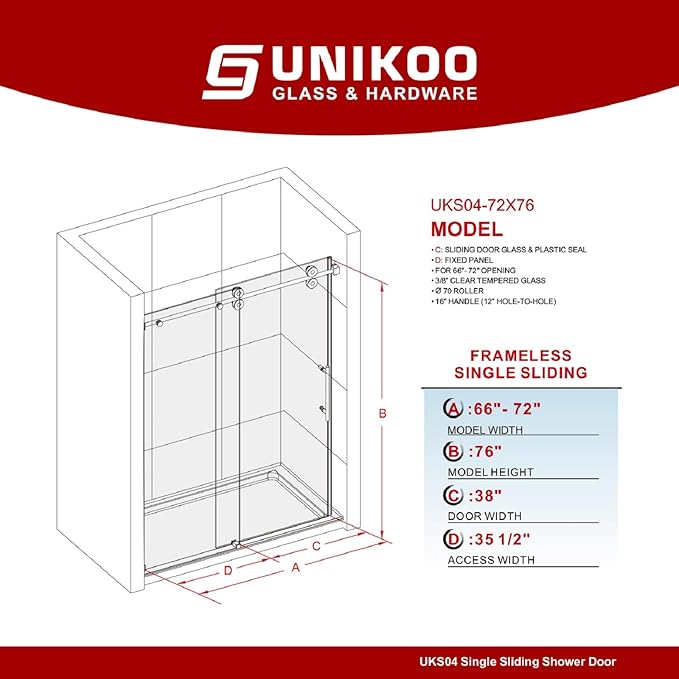 66-72 Inch x 76 Inch Sliding Frameless Shower Door, 3/8" Tempered Glass with Easy-Cleaning Coating, Stainless Steel Rollers & SGCC-Certified Stability, Matte Black