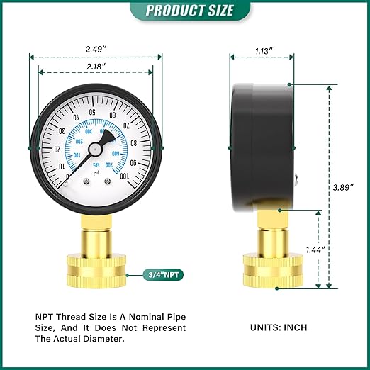 0-100PSI Water Pressure Gauge, 2.5" Dial Size, 3/4" Brass Female Lower Mount, with Sealing Ring, for Tube, Water Pump, Gas, Liquid, Home Water Pressure Tester