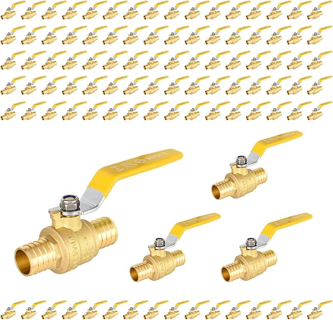 100-Pack Foskan 1 Inch PEX Crimp Full Port Ball Valve with Yellow Handle, Brass Quarter Turn Shut-off Valve for PEX Tubing