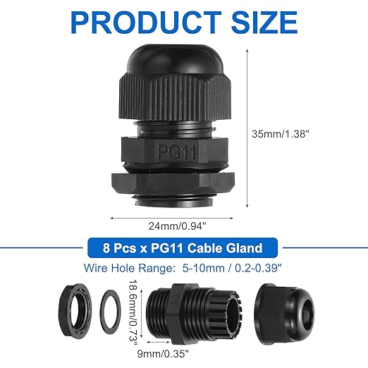 MECCANIXITY 8 Pcs PG11 Cable Gland, 5-10mm Wire Hole Strain Relief Joint for Cable Fixing, Wiring, Repairing, Gland Replacement, Electrical Appliances, Black