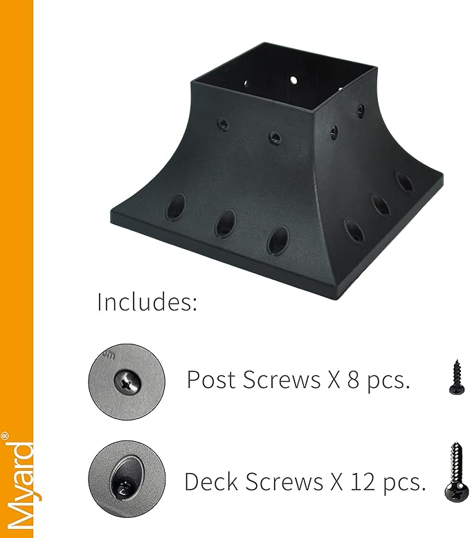 Myard PNP114040 4x4 Post Base Cover (Actual 3.5x3.5 Inches) Post Skirt Flange with Stainless Steel Screws, Post Bracket for Deck Porch Handrail Railing Support Trim Post Anchor (Qty 4, Black)